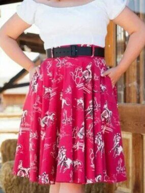 Pinup Couture Doris Swing Skirt Western Print size 2X Red (No Belt)